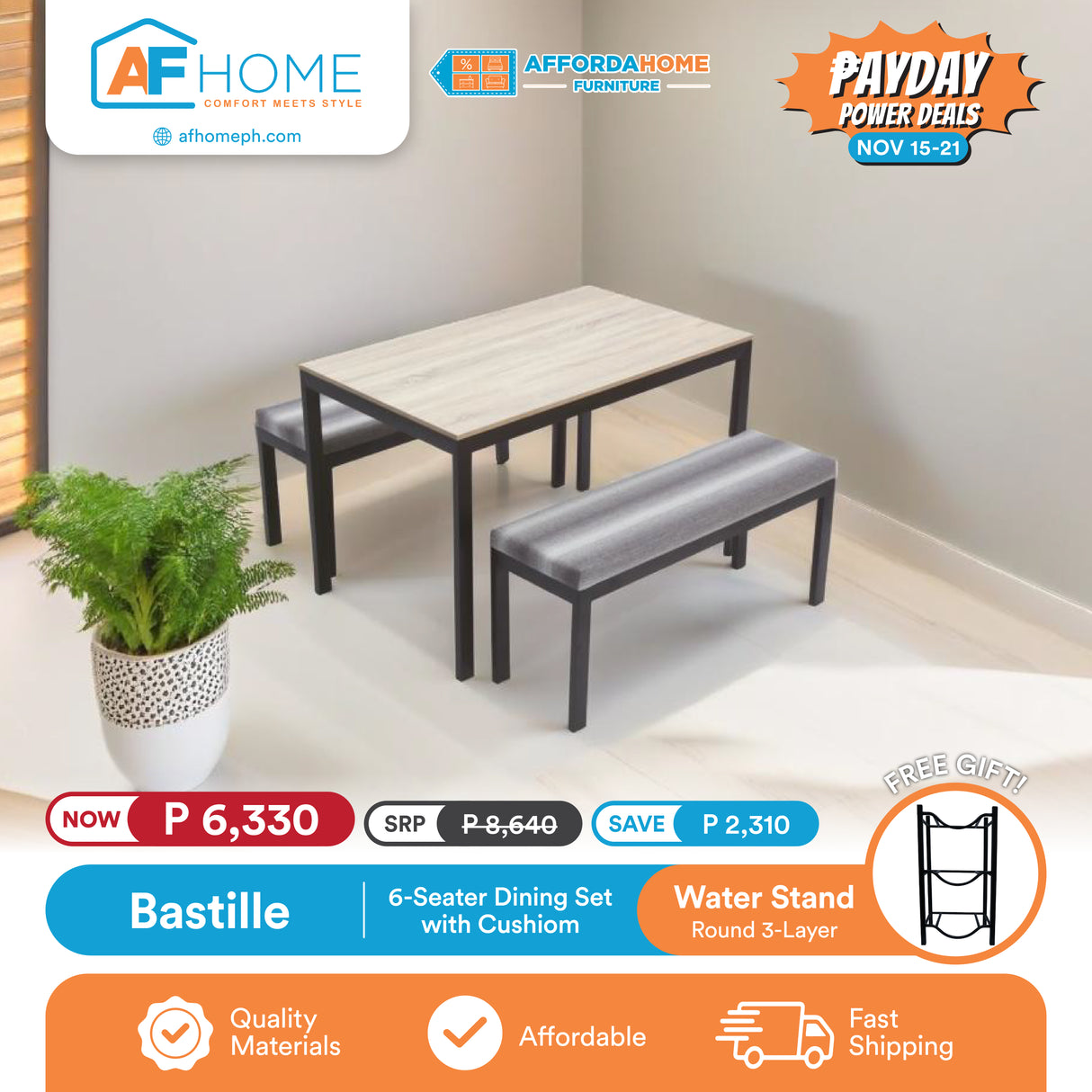 BASTILLE | 4 & 6 SEATER DINING SET W/ CUSHION | FREE ROUND MINERAL WATER STAND 2 & 3 LAYERS | PAYDAY POWER DEALS Affordahome