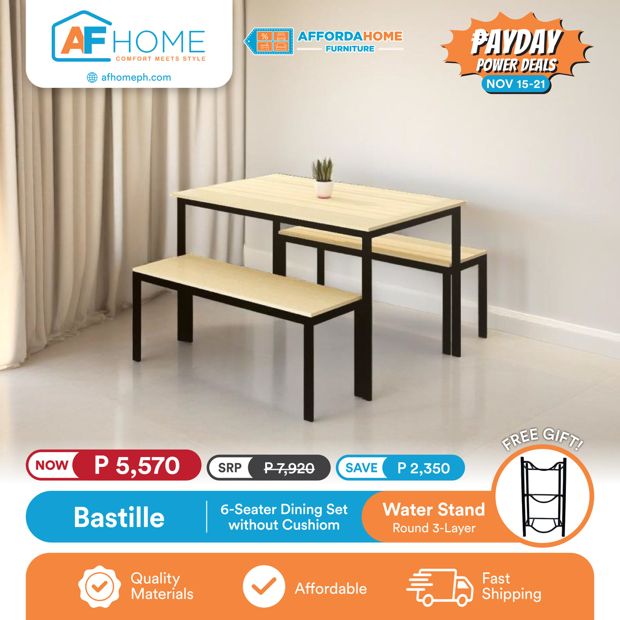 BASTILLE | 4 & 6 SEATER DINING SET W/O CUSHION | FREE ROUND WATER STAND 2 & 3 LAYERS | PAYDAY POWER DEALS Affordahome