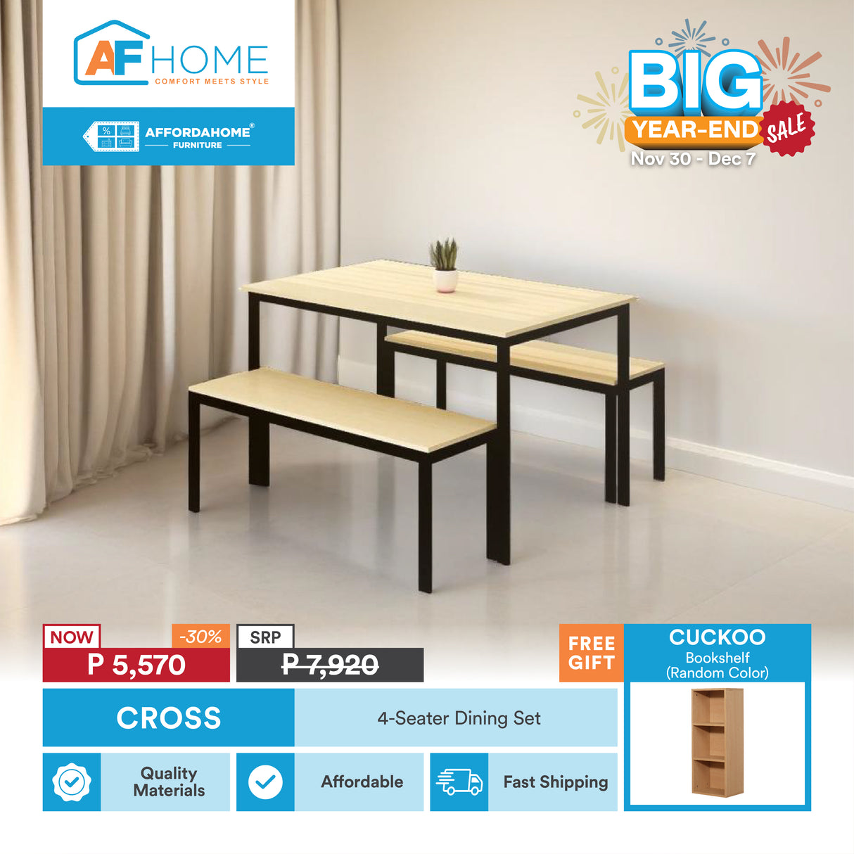 BASTILLE Dining Set w/o Cushion | FREE CUCKOO BOOKSHELF | BIG YEAR-END SALE Affordahome