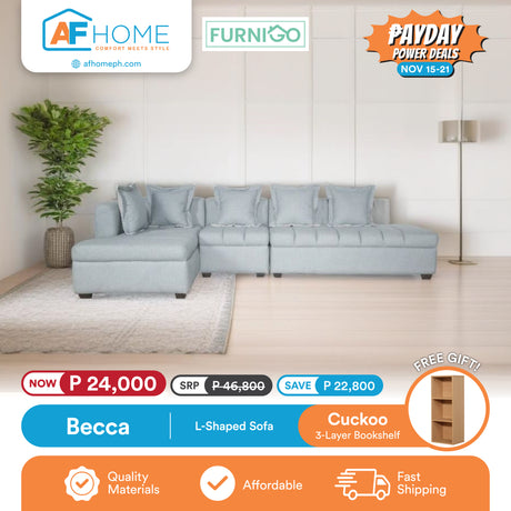 BECCA | L-SHAPED SOFA | FREE CUCKOO 3 LAYER BOOKSHELF | PAYDAY POWER DEALS Furnigo