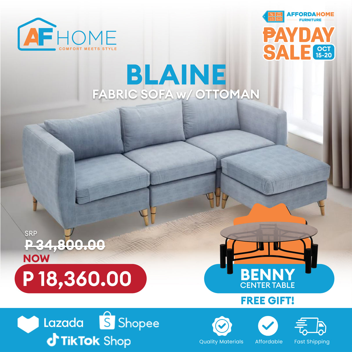 BLAINE Fabric Sofa with Ottoman | FREE BENNY CENTER TABLE | Payday Sale Furnigo