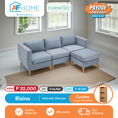 BLAINE | SOFA WITH OTTOMAN | FREE CUCKOO 3 LAYER BOOKSHELF | PAYDAY POWER DEALS Furnigo