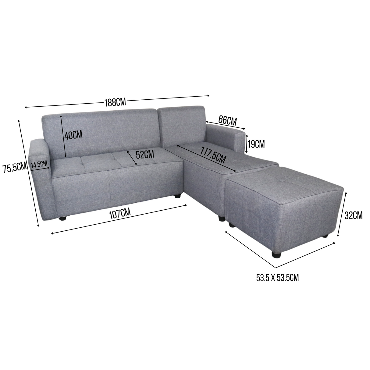 CONNER L-Shape Fabric Sofa with Ottoman Furnigo