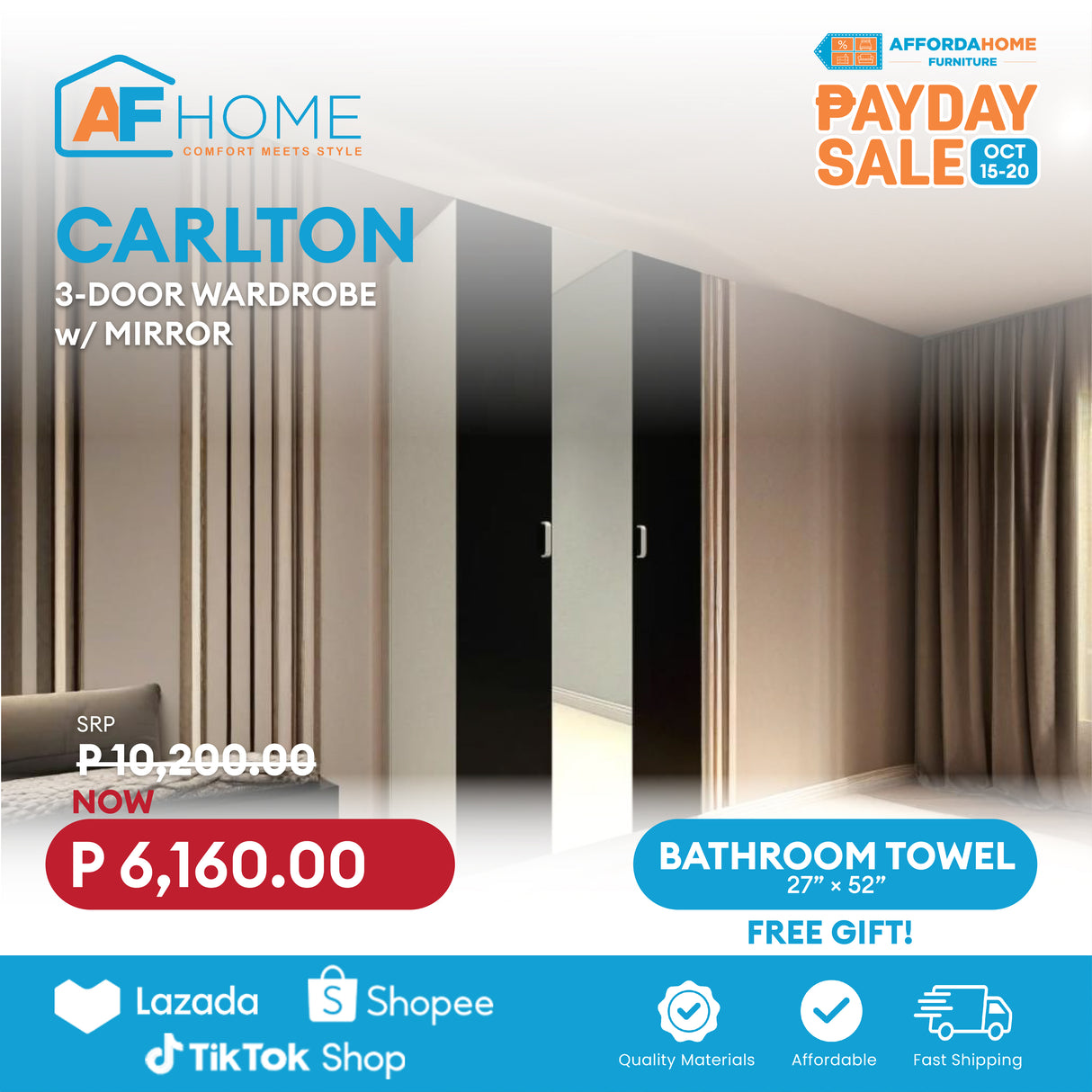 CARLTON 3 Door Wardrobe | FREE BATHROOM TOWEL | Payday Sale Affordahome