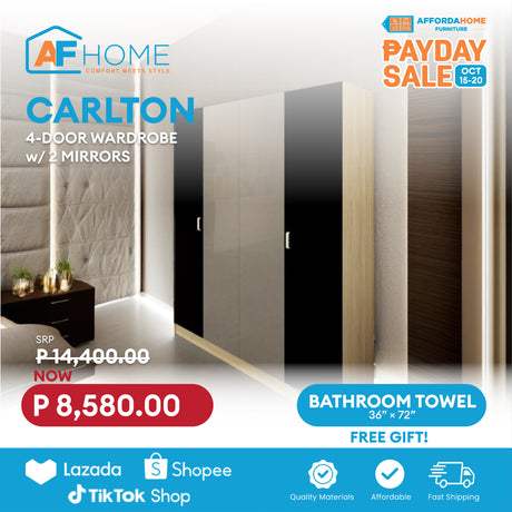 CARLTON Wardrobe 4 Door with 2 mirrors | FREE BATHROOM TOWEL | Payday Sale Affordahome