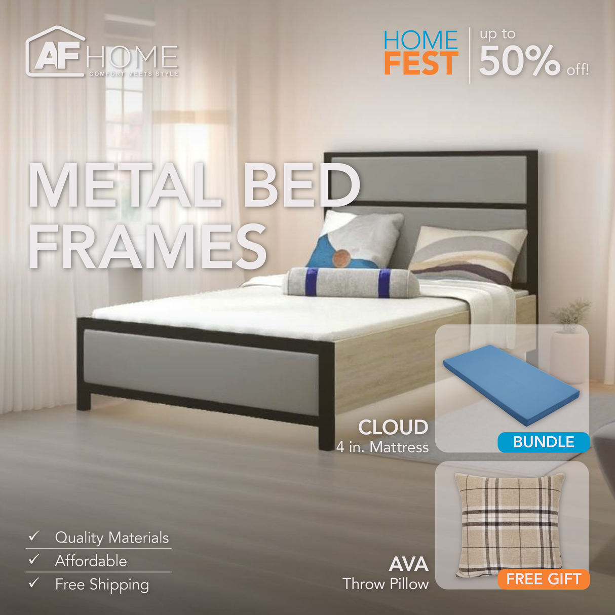 FELIX Metal Bed Frame + CLOUD MATTRESS FOAM 4 INCHES | FREE AVA THROW PILLOW | HOME FEST Affordahome