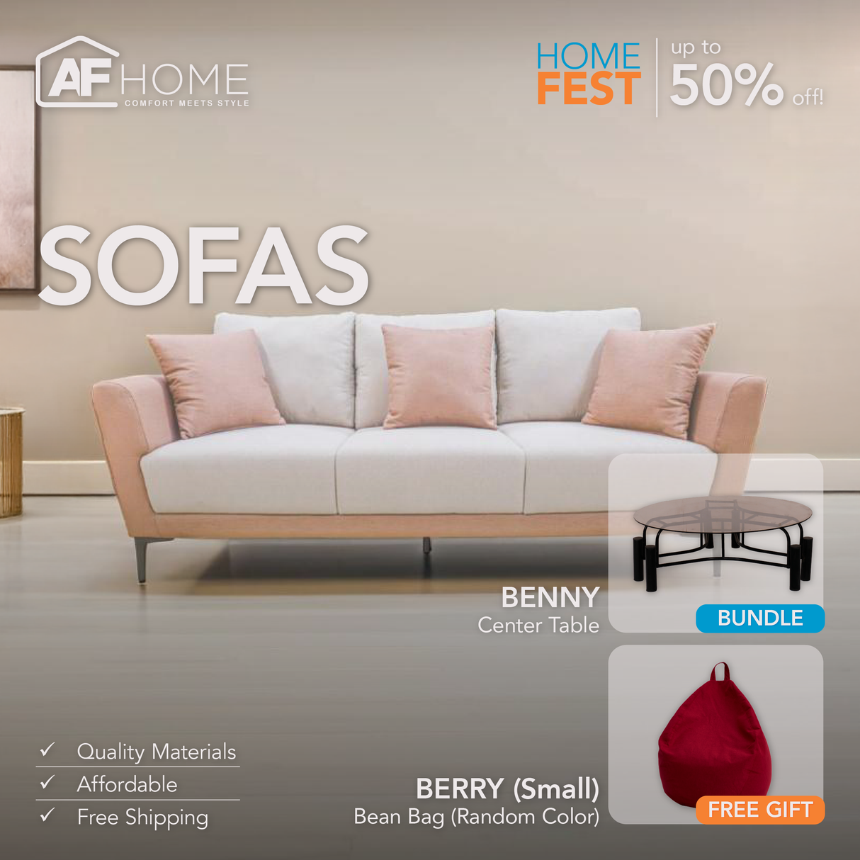 JENALD Fabric Sofa with Ottoman (Reversible L-Chaise) + BENNY CENTER TABLE | FREE BERRY SMALL TEARDROP (RANDOM COLOR) | HOME FEST Furnigo