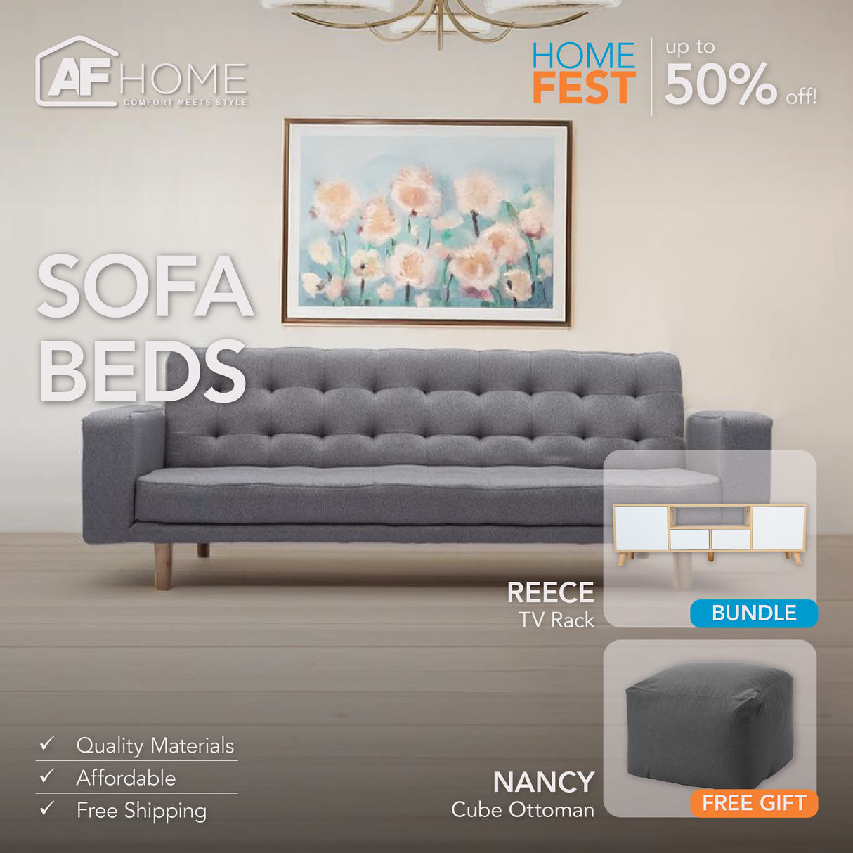 ESMERALD Pullout Sofa Bed + REECE TV RACK | FREE NANCY CUBE OTTOMAN (RANDOM COLOR) | HOME FEST Furnigo