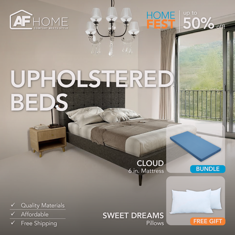 HENRY Upholstered Bed Frame + CLOUD MATTRESS FOAM 6 INCHES | FREE WHITE SLEEPING PILLOW (BUY1,TAKE1) | HOME FEST Furnigo