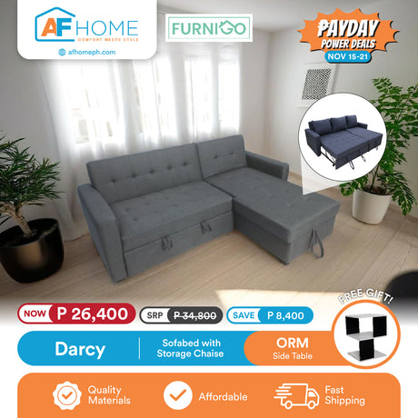 DARCY | SOFABED WITH STORAGE CHAISE | FREE ORM SIDE TABLE | PAYDAY POWER DEALS Furnigo