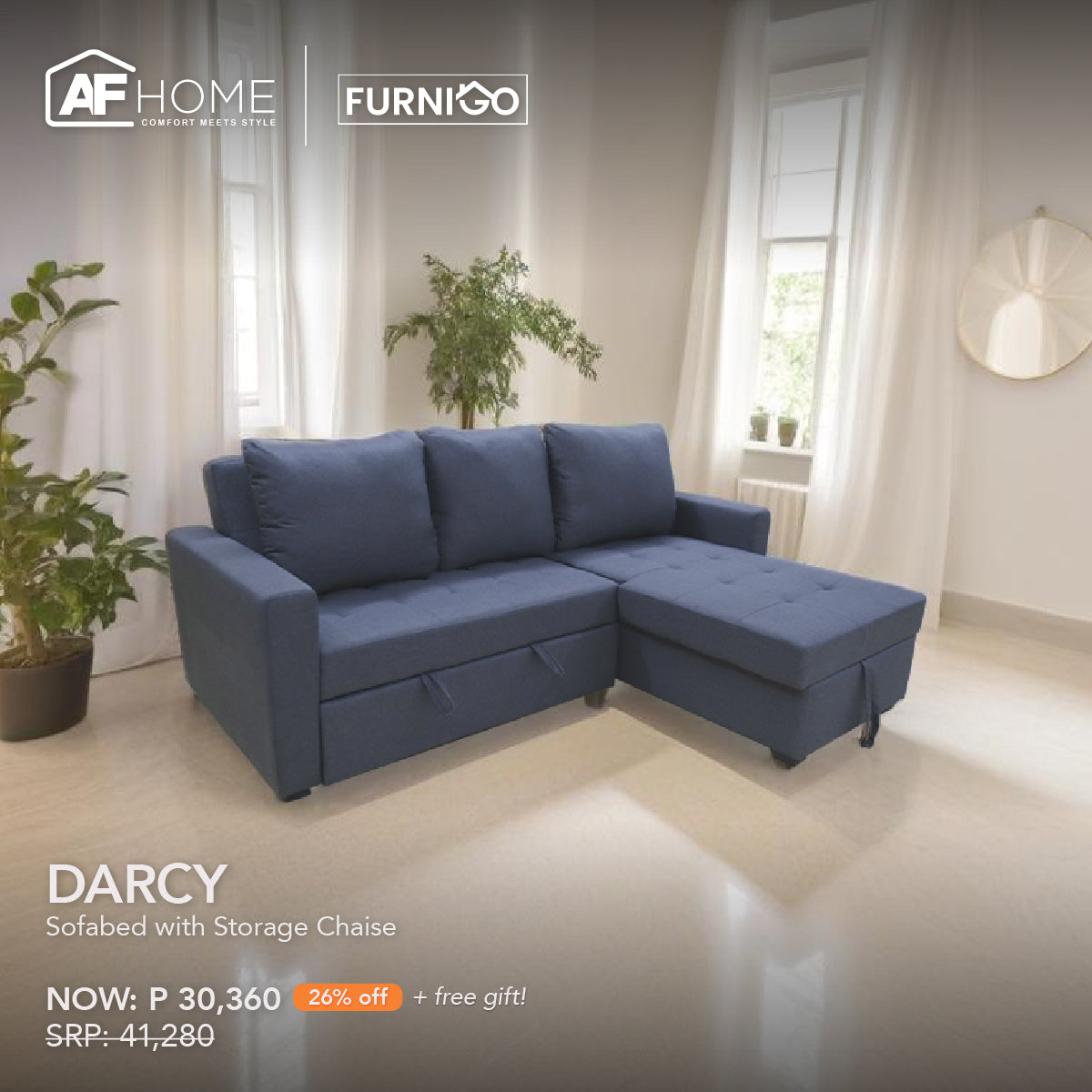 DARCY Sofabed with Storage Chaise + REECE TV RACK | FREE NANCY CUBE OTTOMAN (RANDOM COLOR) | HOME FEST Furnigo