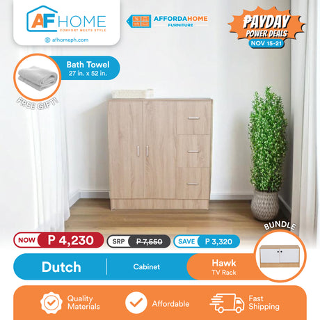 DUTCH | CABINET + HAWK TV RACK | FREE BATH TOWEL 27" x 52" | PAYDAY POWER DEALS Affordahome