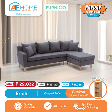 ERICH | L-SHAPED SOFA | FREE CUCKOO 3 LAYER BOOKSHELF | PAYDAY POWER DEALS Furnigo