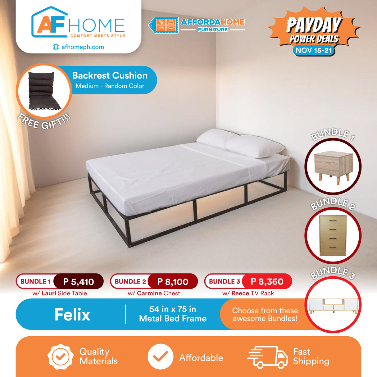 FELIX METAL BED FRAME + CHOOSE FROM THESE AWESOME BUNDLES | FREE BACKREST CUSHION | PAYDAY POWER DEALS Affordahome