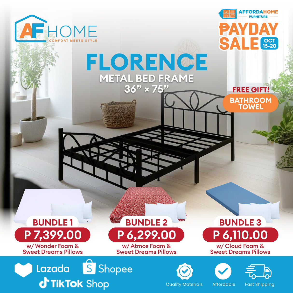 FLORENCE Metal Bed Frame | FREE ASSORTED BEDSHEET | Payday Sale Affordahome