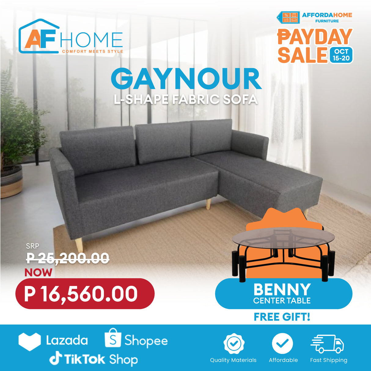 GAYNOUR L-Shape Fabric Sofa | FREE BENNY CENTER TABLE | Payday Sale Furnigo