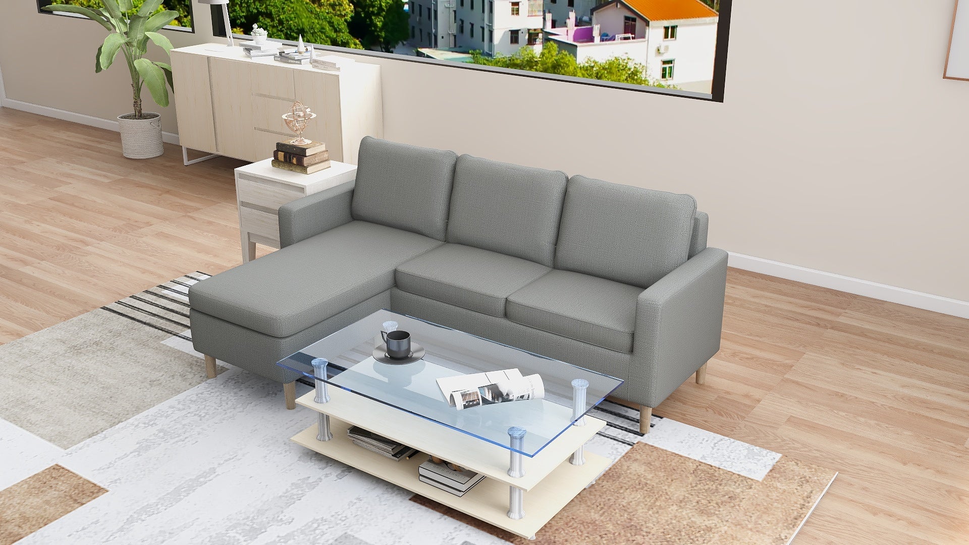 MELO Mini L-Shape Fabric Sofa with Ottoman
