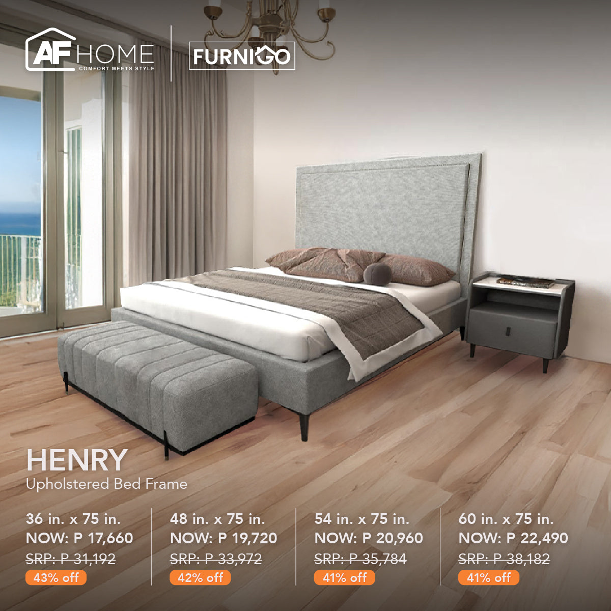 HENRY Upholstered Bed Frame + CLOUD MATTRESS FOAM 6 INCHES | FREE WHITE SLEEPING PILLOW (BUY1,TAKE1) | HOME FEST Furnigo