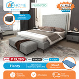 HENRY | UPHOLSTERED BED FRAME + CLOUD 4 INCH MATTRESS | FREE NANCY CUBE OTTOMAN | PAYDAY POWER DEALS Furnigo