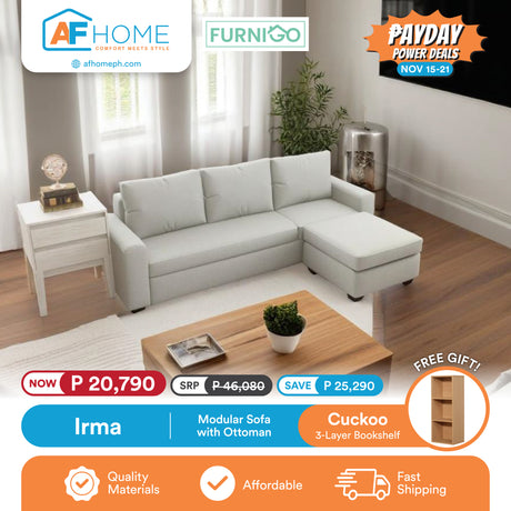 IRMA | MODULAR SOFA WITH OTTOMAN | FREE CUCKOO 3 LAYER BOOKSHELF | PAYDAY POWER DEALS Furnigo