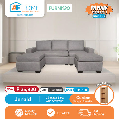 JENALD | L-SHAPED SOFA WITH OTTOMAN | FREE CUCKOO 3 LAYER BOOKSHELF | PAYDAY POWER DEALS Furnigo