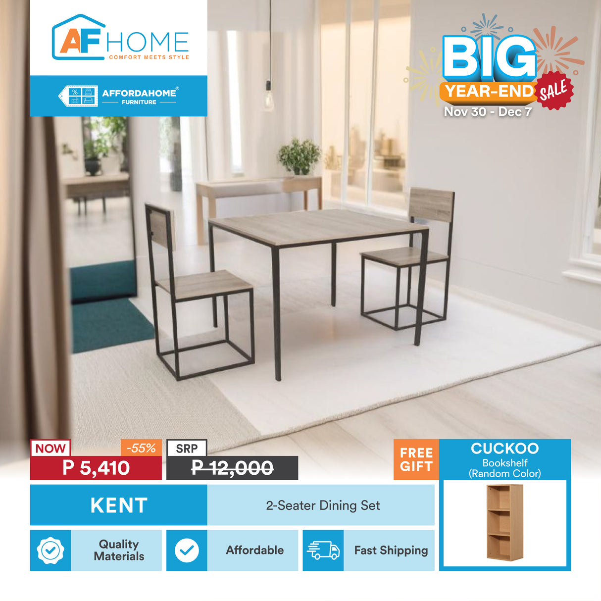 KENT 2-Seater Dining Table Set | FREE CUCKOO BOOKSHELF | BIG YEAR-END SALE Affordahome