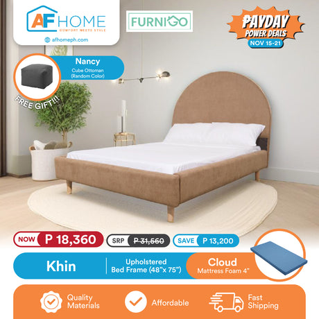 KHIN | UPHOLSTERED BED FRAME + CLOUD 4 INCH MATTRESS | FREE NANCY CUBE OTTOMAN | PAYDAY POWER DEALS Furnigo