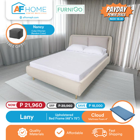 LANY | UPHOLSTERED BED FRAME + CLOUD 4 INCH MATTRESS | FREE NANCY CUBE OTTOMAN | PAYDAY POWER DEALS Furnigo