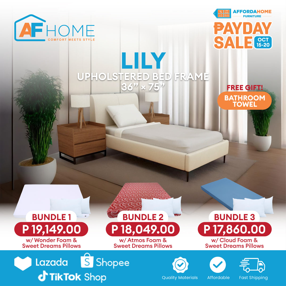 LILY Upholstered Bed Frame | FREE BATHROOM TOWEL | Payday Sale Furnigo