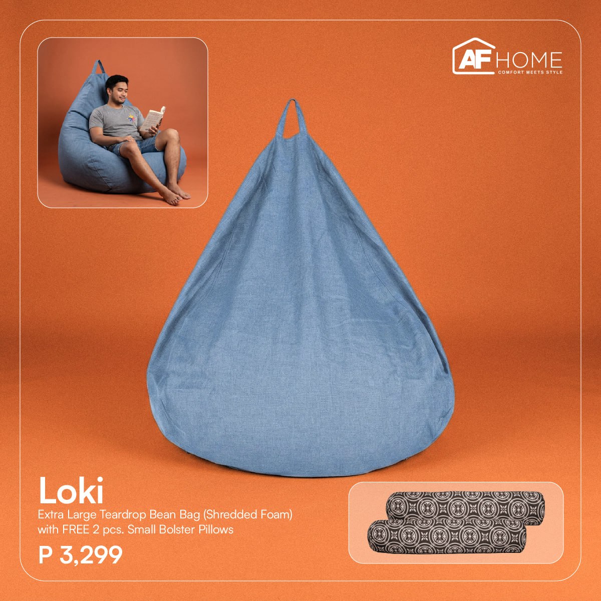 Loki Large Teardrop Bean Bag - Free 2pcs Small Bolster Pillows (PAYDAY SALE) AF Home