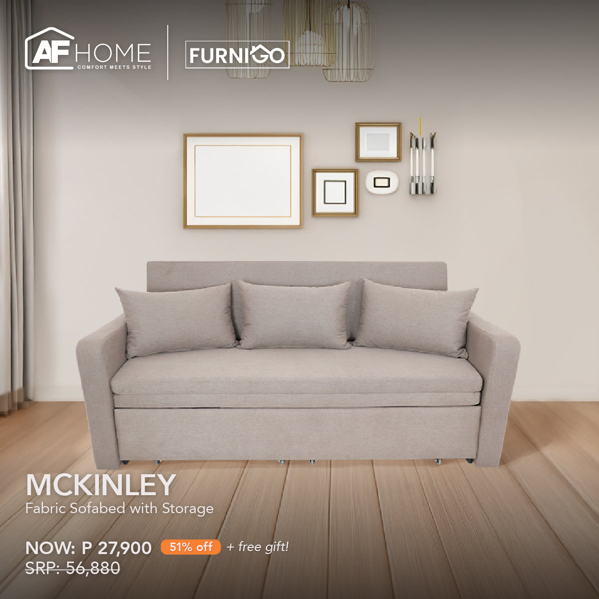 MCKINLEY Fabric Sofabed with Storage+ REECE TV RACK | FREE NANCY CUBE OTTOMAN (RANDOM COLOR) | HOME FEST Furnigo