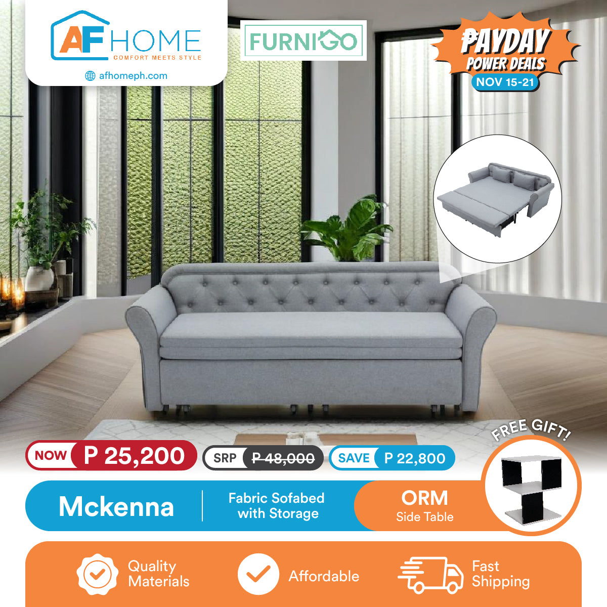 MCKENNA | FABRIC SOFABED WITH STORAGE | FREE ORM SIDE TABLE | PAYDAY POWER DEALS Furnigo