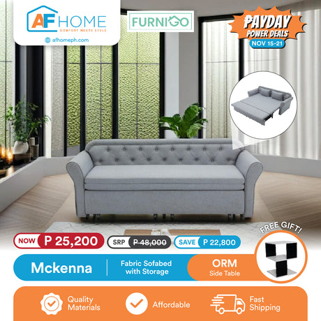 MCKENNA | FABRIC SOFABED WITH STORAGE | FREE ORM SIDE TABLE | PAYDAY POWER DEALS Furnigo