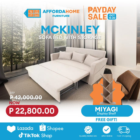 MCKINLEY Fabric Sofabed with Storage | FREE MIYAGI DISPLAY SHELF | Payday Sale Furnigo