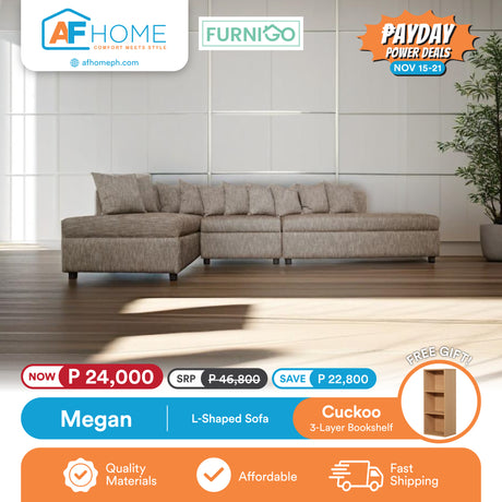 MEGAN | L-SHAPE SOFA | FREE CUCKOO 3 LAYER BOOKSHELF | PAYDAY POWER DEALS Furnigo