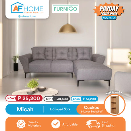 MICAH | L-SHAPE SOFA | FREE CUCKOO 3 LAYER BOOKSHELF | PAYDAY POWER DEALS Furnigo