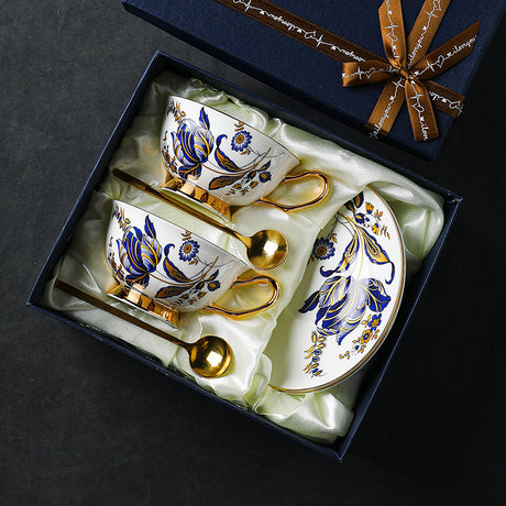 CUPURA Juno - CCS40 Luxury Ceramic Tea & Coffee Set with Gift Box | Elegant Blue Floral Cup Set for Weddings, Birthdays & Home Décor CUPURA