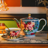 CUPURA Buno - CCS26 Luxury Bone China Tea Cup Set with Saucer Spoon and Strainer Floral Design Light Luxury European Style Gift Box Set Bohemian Powder Blue Classical Blue Rose Angel