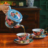 CUPURA Buno - CCS26 Luxury Bone China Tea Cup Set with Saucer Spoon and Strainer Floral Design Light Luxury European Style Gift Box Set Bohemian Powder Blue Classical Blue Rose Angel