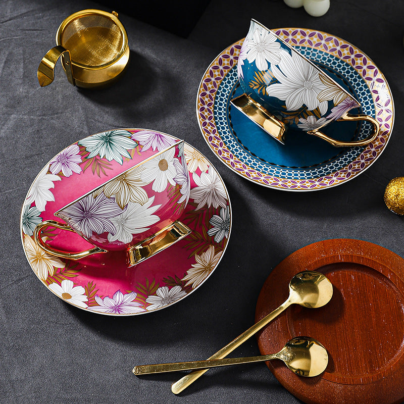 CUPURA Kova - CCS23 Luxury Bone China Tea Cup Set with Saucer Spoon and Strainer Floral Design Light Luxury European Style Gift Box Set Bohemian Powder Blue Classical Blue Rose Angel