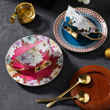 CUPURA Kova - CCS23 Luxury Bone China Tea Cup Set with Saucer Spoon and Strainer Floral Design Light Luxury European Style Gift Box Set Bohemian Powder Blue Classical Blue Rose Angel