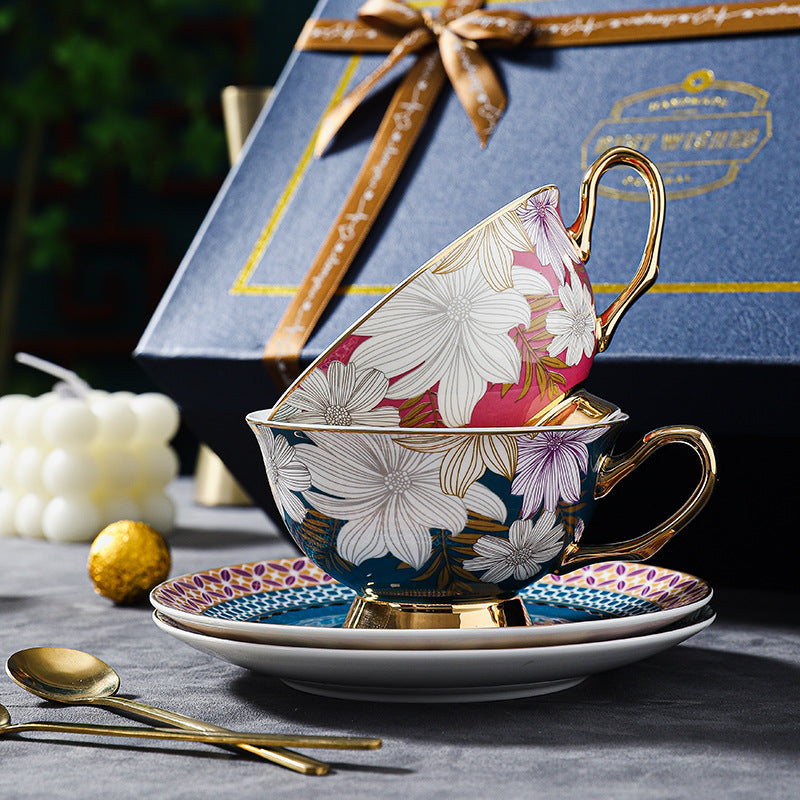 CUPURA Kova - CCS23 Luxury Bone China Tea Cup Set with Saucer Spoon and Strainer Floral Design Light Luxury European Style Gift Box Set Bohemian Powder Blue Classical Blue Rose Angel