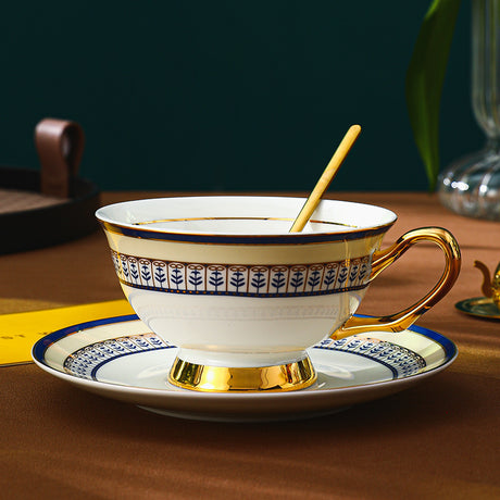 CUPURA Aro - CCS31 Luxury Bone China Tea Cup Set with Saucer Spoon and Strainer Floral Design Light Luxury European Style Gift Box Set Bohemian Powder Blue Classical Blue Rose Angel