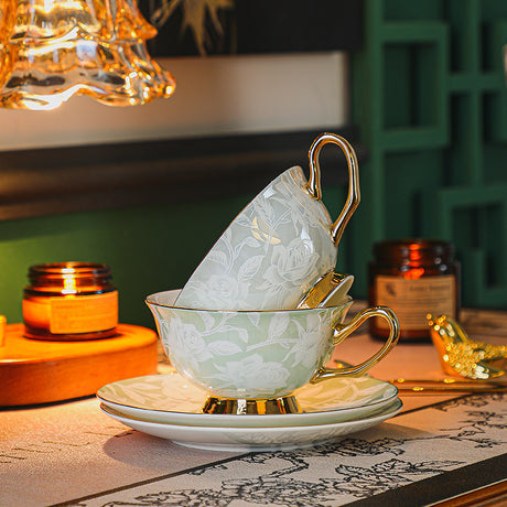 CUPURA Qiro - Embossed Floral Coffee Cup & Saucer Set - Vintage European Afternoon Tea Gift with Box CUPURA