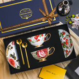 CUPURA Tero - CCS25 Luxury Bone China Tea Cup Set with Saucer Spoon and Strainer Floral Design Light Luxury European Style Gift Box Set Bohemian Powder Blue Classical Blue Rose Angel