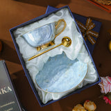CUPURA Vero - CCS03 Luxury Bone China Tea Cup Set with Saucer Spoon and Strainer Floral Design Light Luxury European Style Gift Box Set Bohemian Powder Blue Classical Blue Rose Angel CUPURA