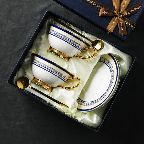 CUPURA Eno - CCS35 Luxury Bone China Tea Cup Set with Saucer Spoon and Strainer Floral Design Light Luxury European Style Gift Box Set Bohemian Powder Blue Classical Blue Rose Angel