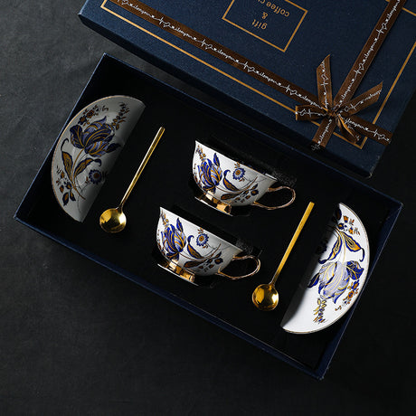 CUPURA Juno - CCS40 Luxury Ceramic Tea & Coffee Set with Gift Box | Elegant Blue Floral Cup Set for Weddings, Birthdays & Home Décor CUPURA