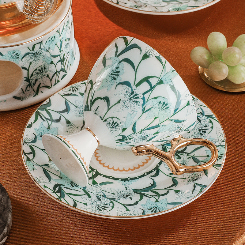 CUPURA Dune - CCS34 Luxury Bone China Tea Cup Set with Saucer Spoon and Strainer Floral Design Light Luxury European Style Gift Box Set Bohemian Powder Blue Classical Blue Rose Angel