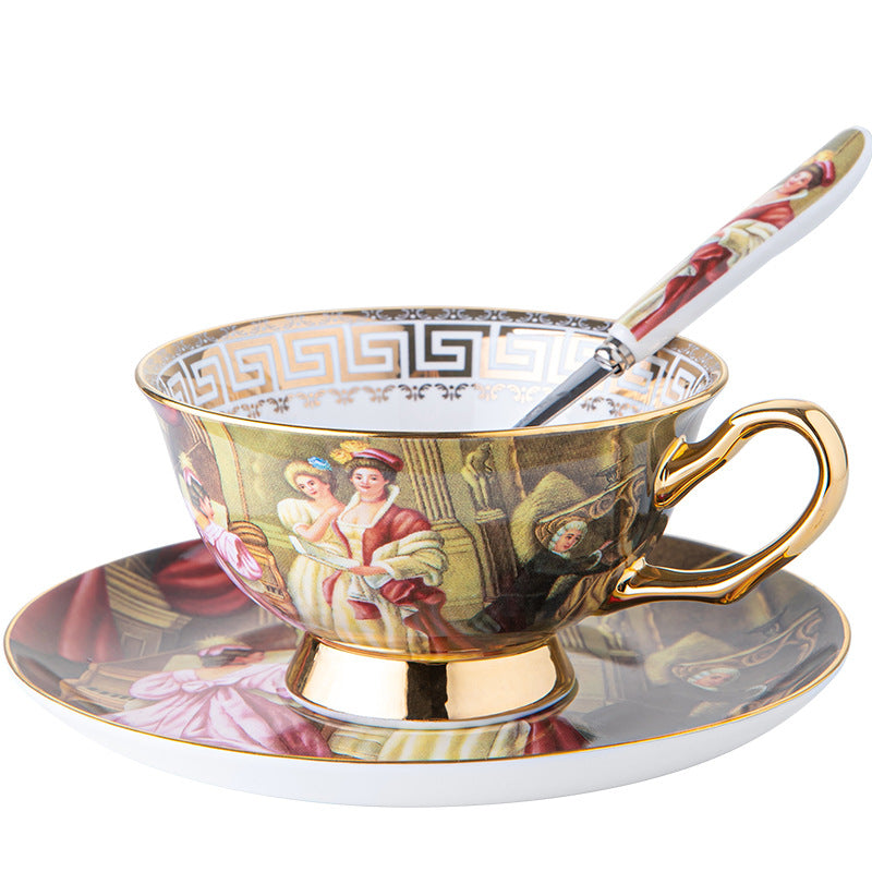 CUPURA Ciro - CCS33 Luxury Bone China Tea Cup Set with Saucer Spoon and Strainer Floral Design Light Luxury European Style Gift Box Set Bohemian Powder Blue Classical Blue Rose Angel